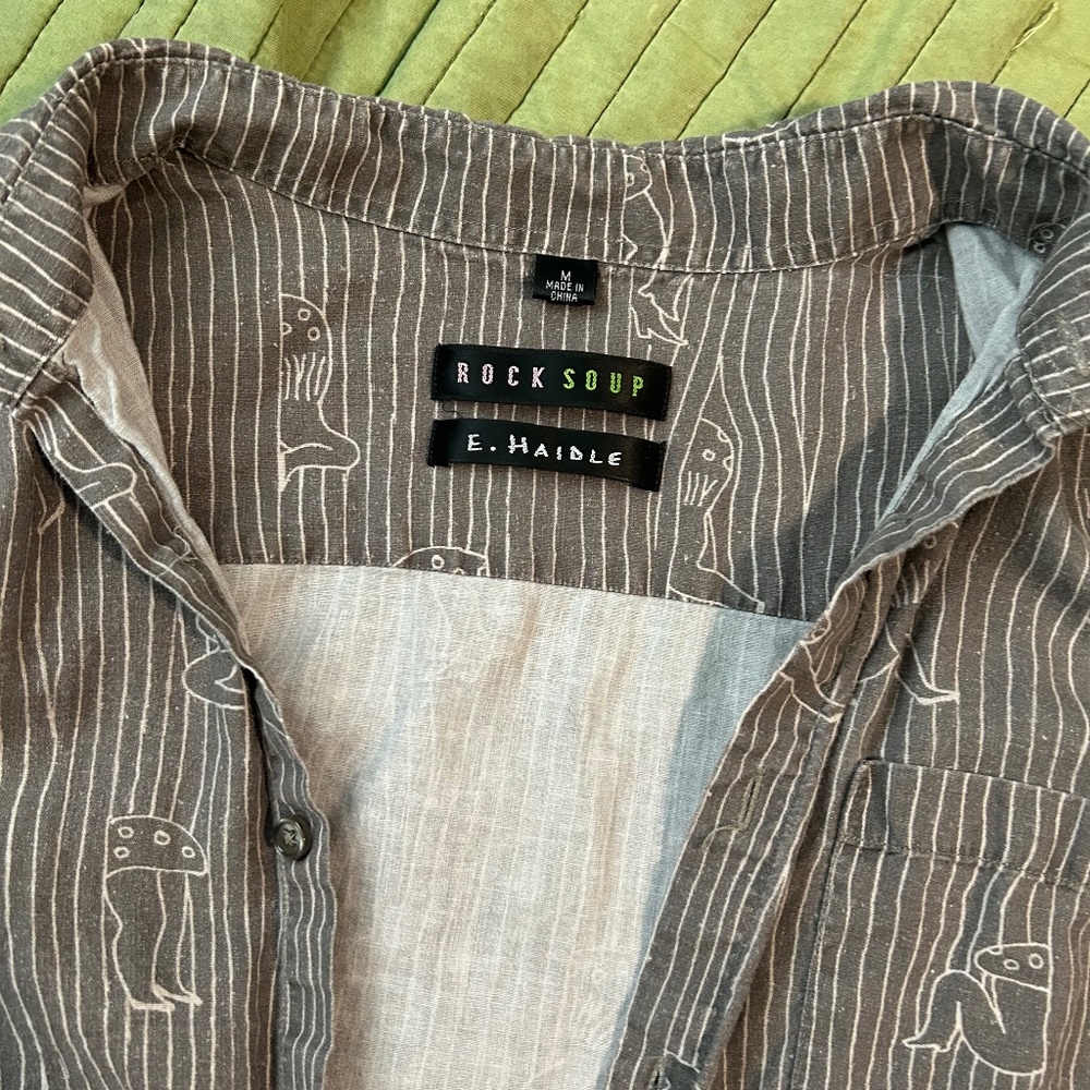 Mushroom button down by artist E. Haidle for Rock Soup
